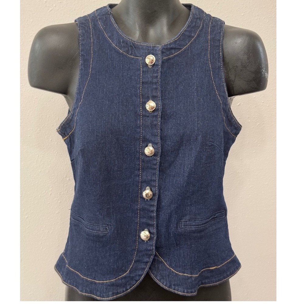 Emerson Lang Denim Vest Womens M Dark Wash Button Front Stretch Preppy Chic